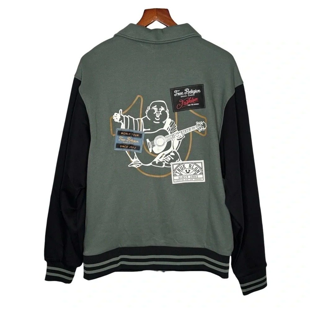 NEW True Religion Collared Patch Fleece Varsity Jacket Mens Medium M MSRP $159